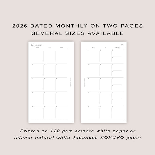2026 DATED Monthly Planner Inserts | Stacked Weekend | PRINTED