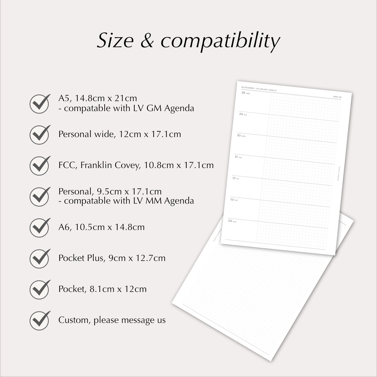 2027 Weekly Agenda Planner Inserts | Horizontal | Dated Ring Planner Refill
