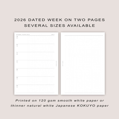 2026 DATED Horizontal Weekly Planner Inserts | PRINTED