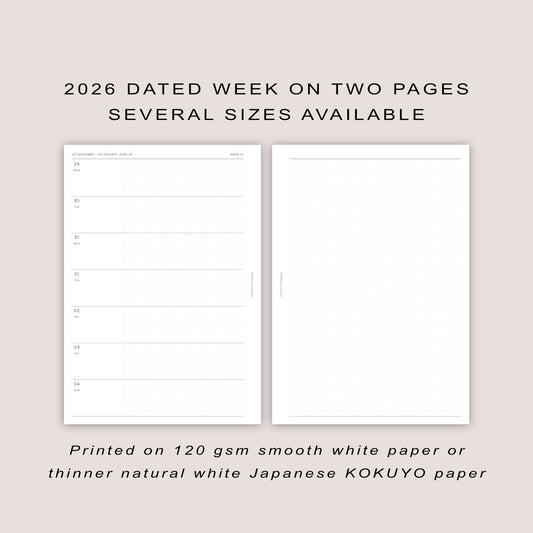 2026 DATED Horizontal Weekly Planner Inserts | PRINTED