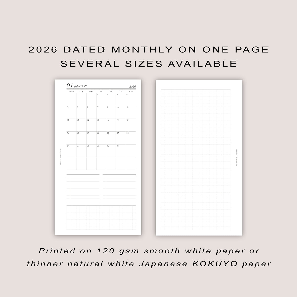 2026 DATED Monthly Planner Inserts | Month On ONE Page | PRINTED