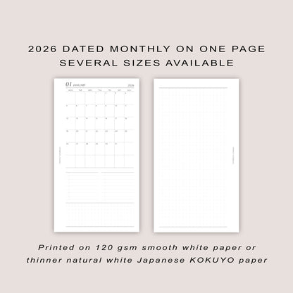 2026 DATED Monthly Planner Inserts | Month On ONE Page | PRINTED