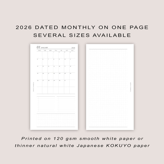 2026 DATED Monthly Planner Inserts | Month On ONE Page | PRINTED