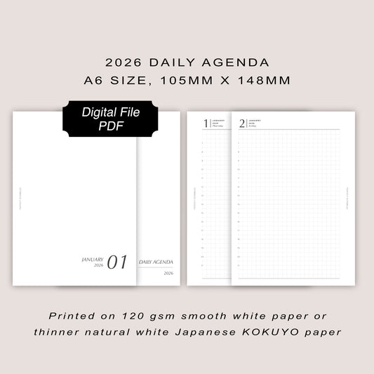 DIGITAL PDF | A6 Daily Dated Agenda | Full Year 2026 | Instant Downloadable PDF