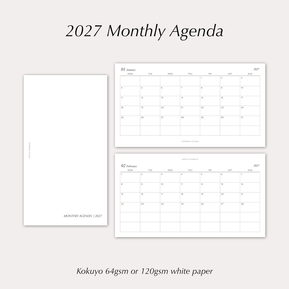 2027 Monthly Agenda Planner Inserts | Horizontal | Dated Ring Planner Refill
