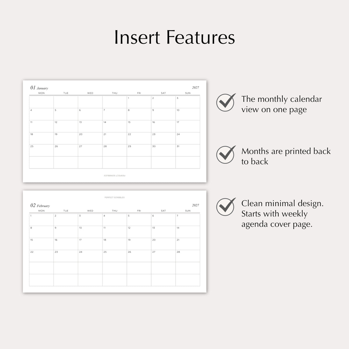 2027 Monthly Agenda Planner Inserts | Horizontal | Dated Ring Planner Refill