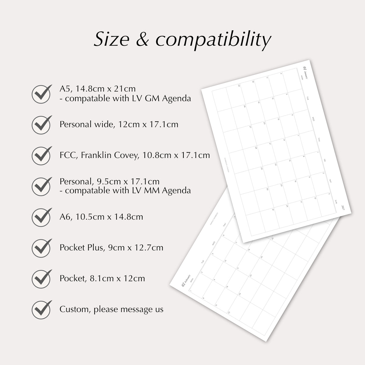 2027 Monthly Agenda Planner Inserts | Horizontal | Dated Ring Planner Refill