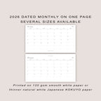 2026 DATED Monthly Planner Inserts | Month On ONE Page | PRINTED