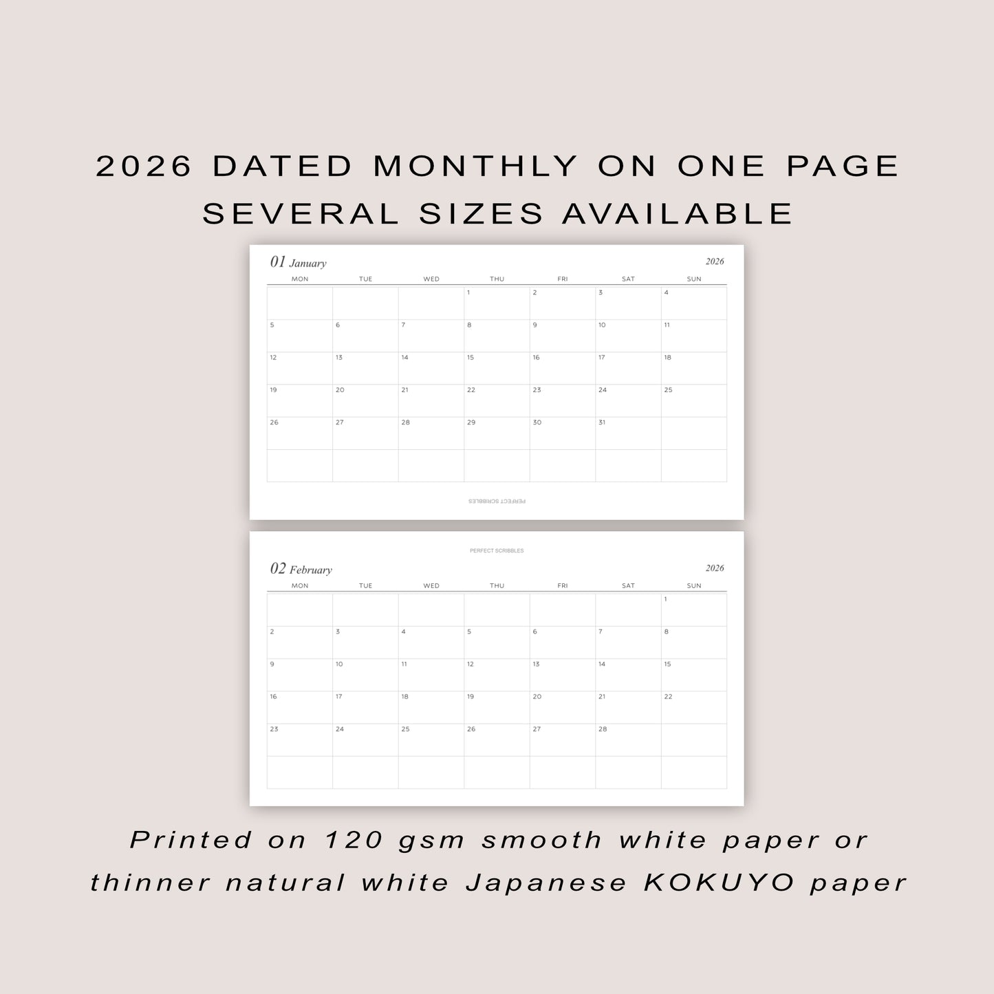 2026 DATED Monthly Planner Inserts | Month On ONE Page | PRINTED