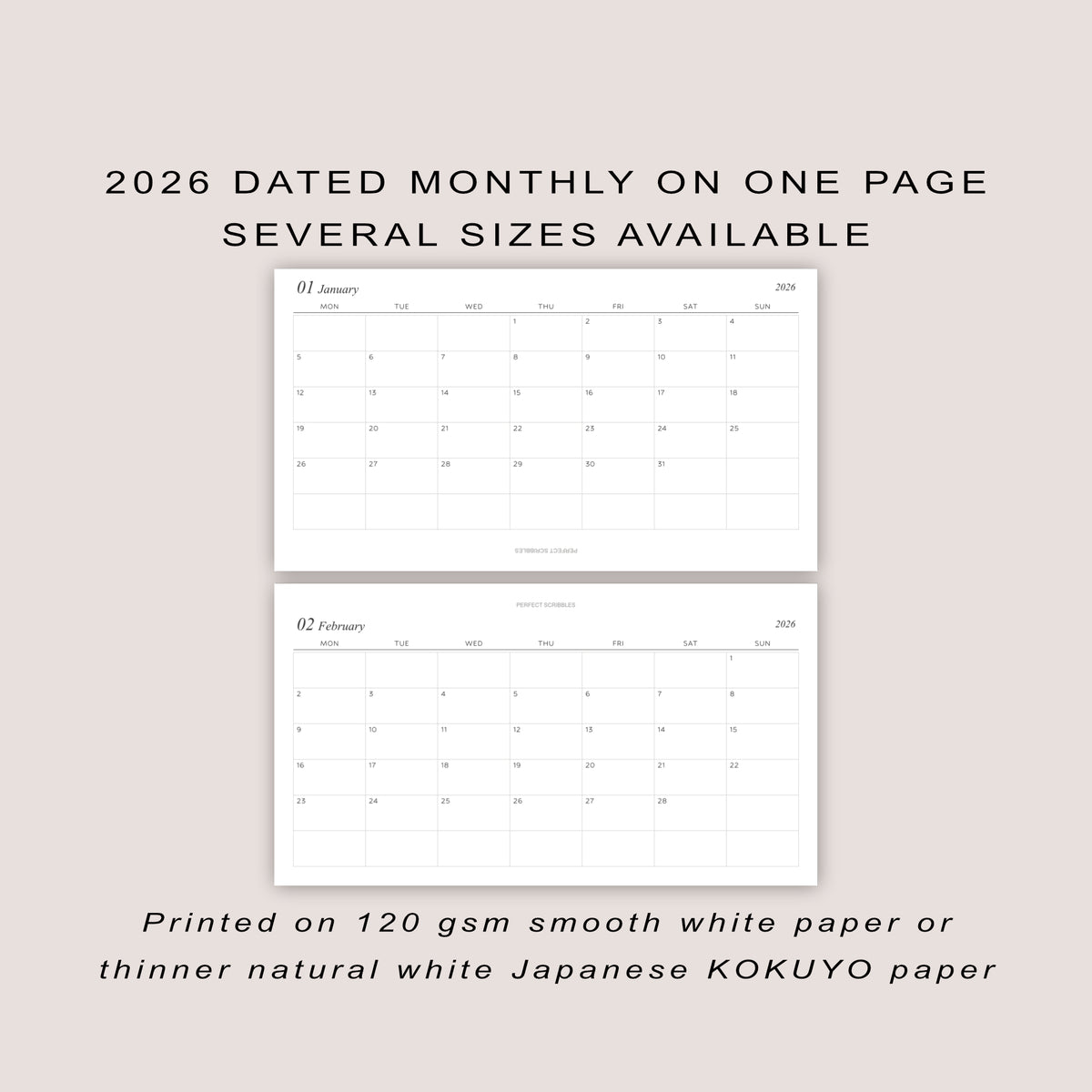 2026 DATED Monthly Planner Inserts | Month On ONE Page | PRINTED