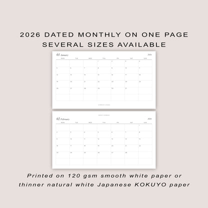 2026 DATED Monthly Planner Inserts | Month On ONE Page | PRINTED