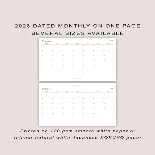 2026 DATED Monthly Planner Inserts | Month On ONE Page | PRINTED