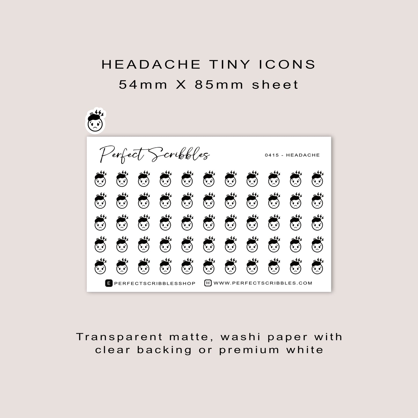HEADACHE Tiny Icon Planner Stickers | Minimal | Credit Card Sized Sheet