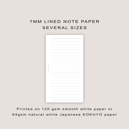 7mm Lined Paper Inserts: Minimalist Planner Refills  (30 Pages) - Several Sizes (PRINTED)