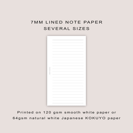 7mm Lined Paper Inserts: Minimalist Planner Refills  (30 Pages) - Several Sizes (PRINTED)