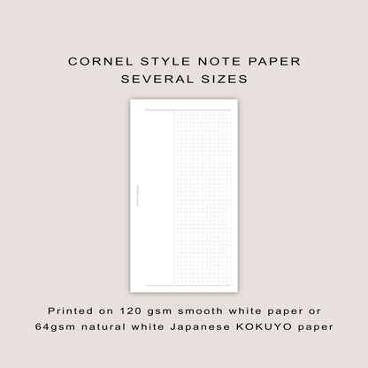 Cornell Style Note Paper Inserts: Minimalist Planner Refills  (30 Pages) - Several Sizes (PRINTED)