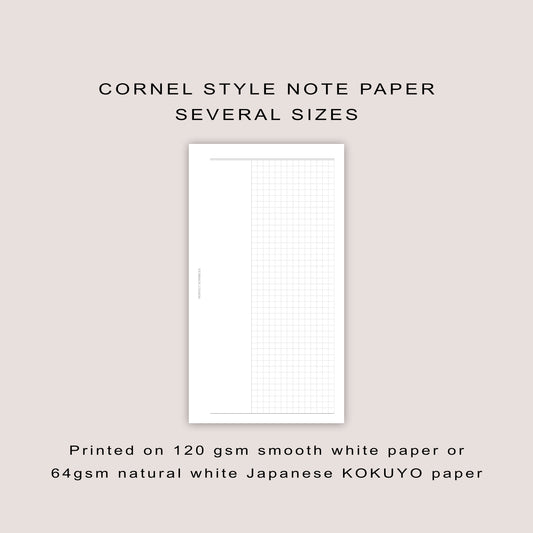 Cornell Style Note Paper Inserts: Minimalist Planner Refills  (30 Pages) - Several Sizes (PRINTED)