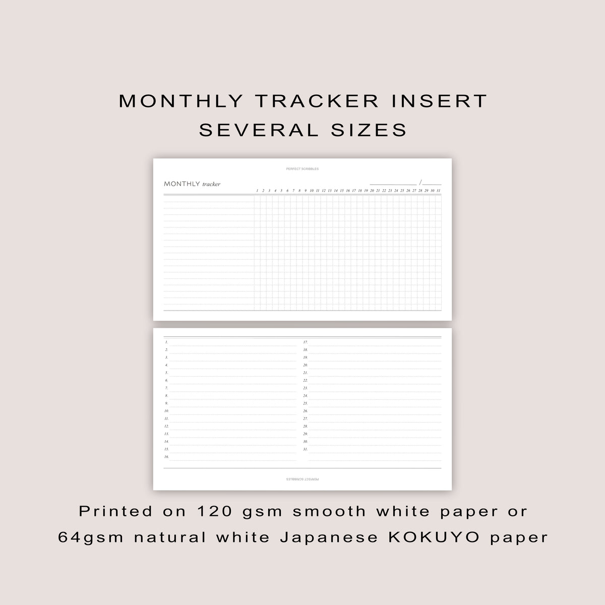MONTHLY TRACKER Inserts: Minimalist Planner Refills  (12 sheets) - Several Sizes (PRINTED)