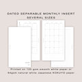 2026 Monthly Planner Inserts, SEPARABLE design: Several Sizes (PRINTED)