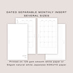2026 Monthly Planner Inserts, SEPARABLE design: Several Sizes (PRINTED)