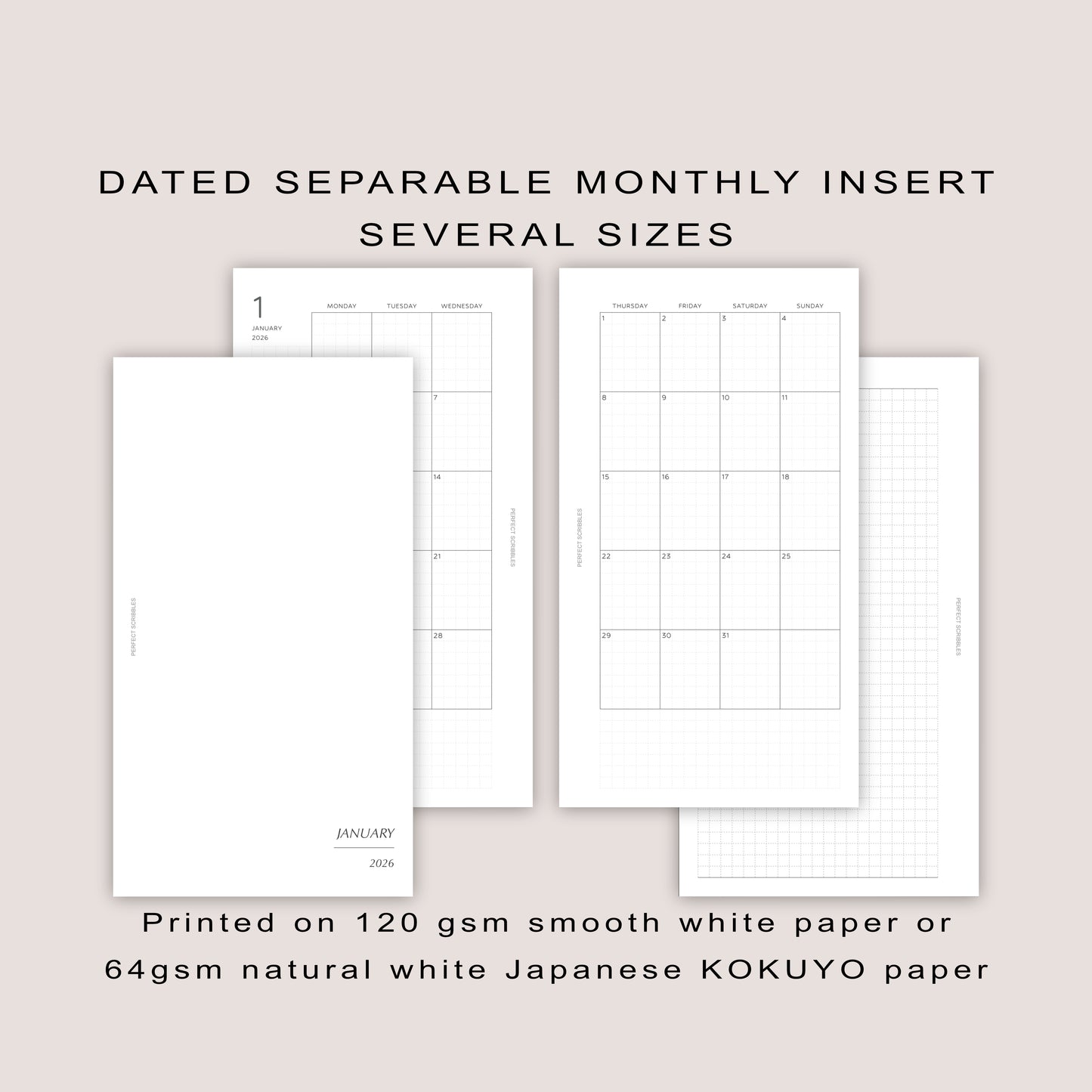 2026 Monthly Planner Inserts, SEPARABLE design: Several Sizes (PRINTED)