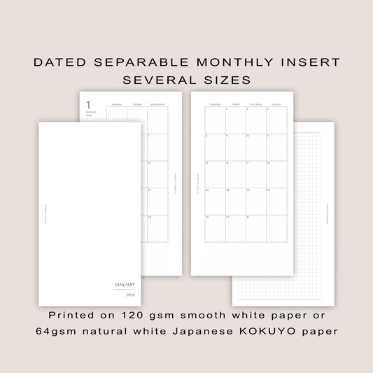 2026 Monthly Planner Inserts, SEPARABLE design: Several Sizes (PRINTED)