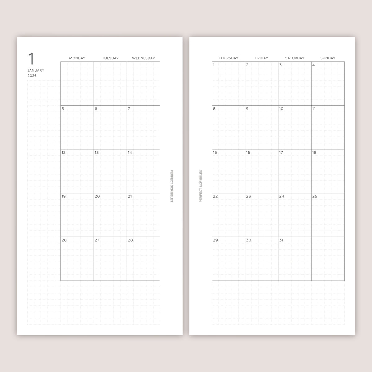 2026 Monthly Planner Inserts, SEPARABLE design: Several Sizes (PRINTED)