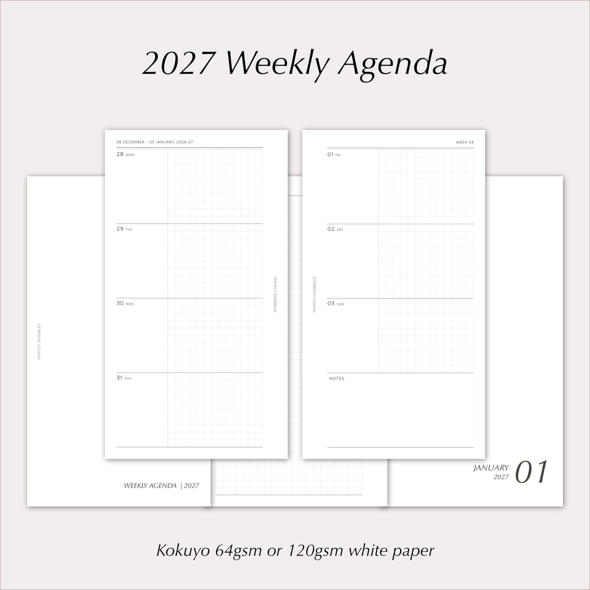 2027 Weekly Agenda Planner Inserts | Horizontal Over Two Pages | Dated Ring Planner Refill