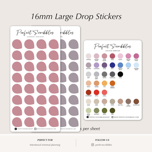 16mm Large Drop Stickers with color swatch on a white background