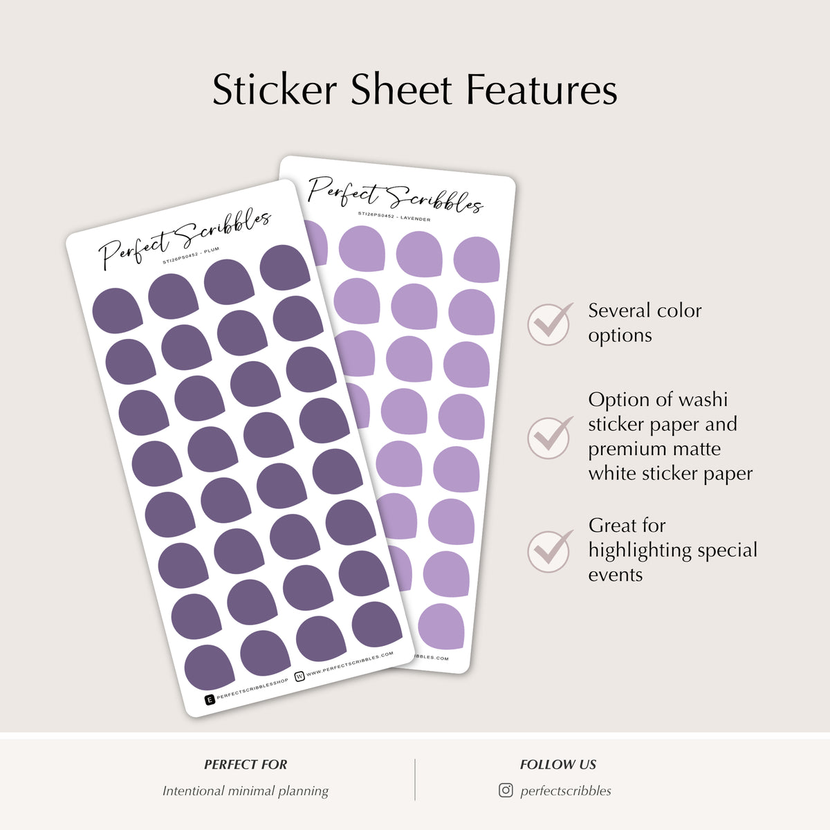 Two sticker sheets with purple circles on a light gray background, featuring text about product features.