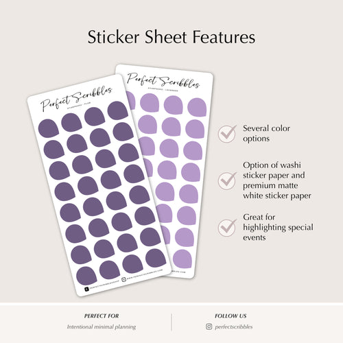 Two sticker sheets with purple circles on a light gray background, featuring text about product features.