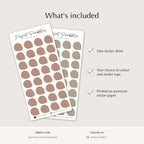 Two sticker sheets with brown and beige circles on a light gray background, featuring text about what's included.