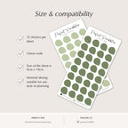 Two sheets of green planner stickers with product details on a light gray background