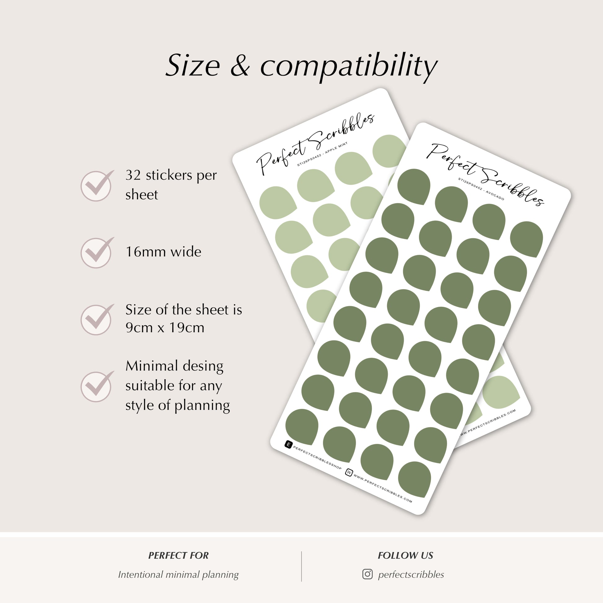 Two sheets of green planner stickers with product details on a light gray background