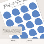 Sheet of blue teardrop-shaped stickers with 'Perfect Scribble' branding and text about functional planning.