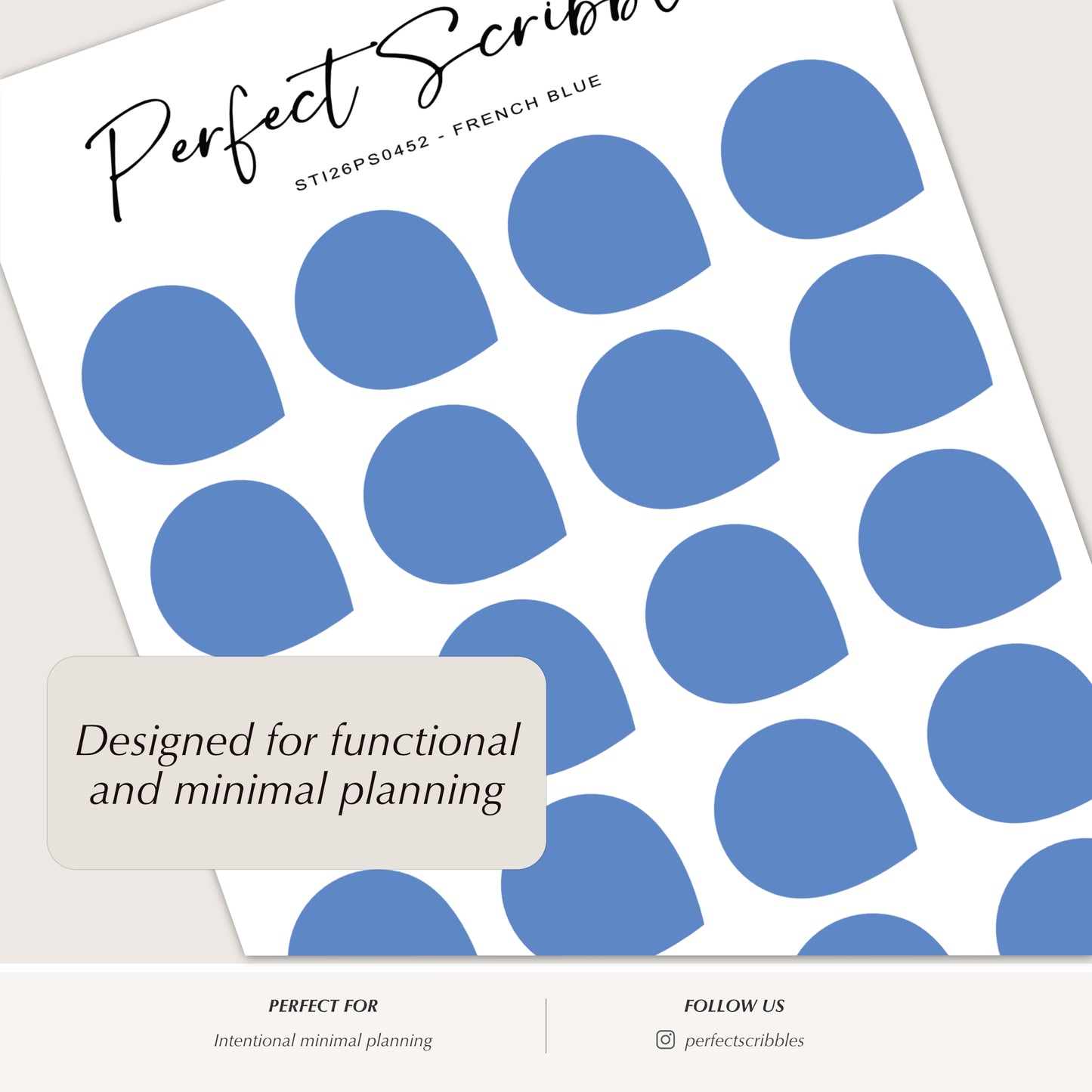Sheet of blue teardrop-shaped stickers with 'Perfect Scribble' branding and text about functional planning.