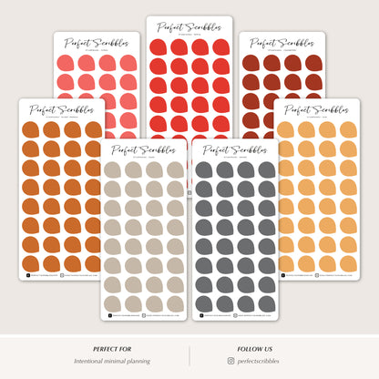 Set of 'Perfect Scribbles' planner stickers in various colors on a white background.