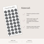 Sheet of gray circular stickers with 'Perfect Scribbles' branding on a light gray background.
