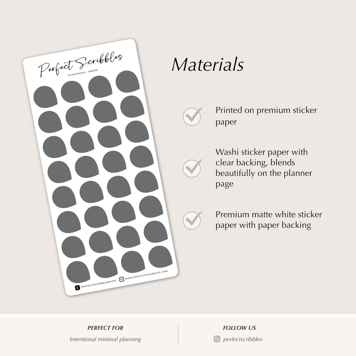 Sheet of gray circular stickers with 'Perfect Scribbles' branding on a light gray background.