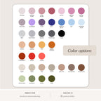 Color swatch chart with various color options on a light gray background