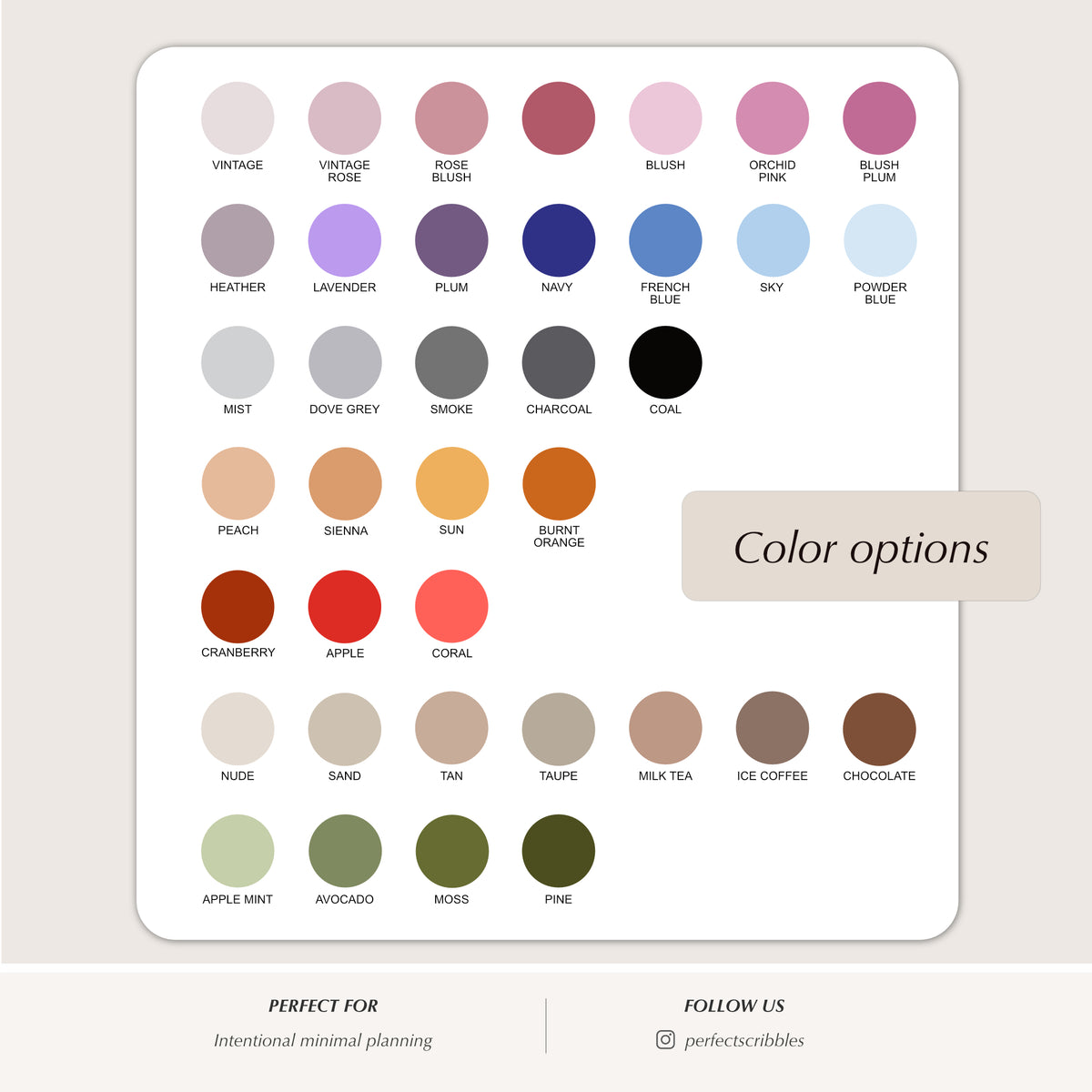 Color swatch chart with various color options on a light gray background