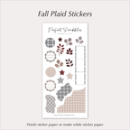 A sticker sheet titled 'Fall Plaid Stickers' featuring various autumn-themed designs, including plaid patterns, leaves, and labels in muted tones of grey, cream, and burgundy.