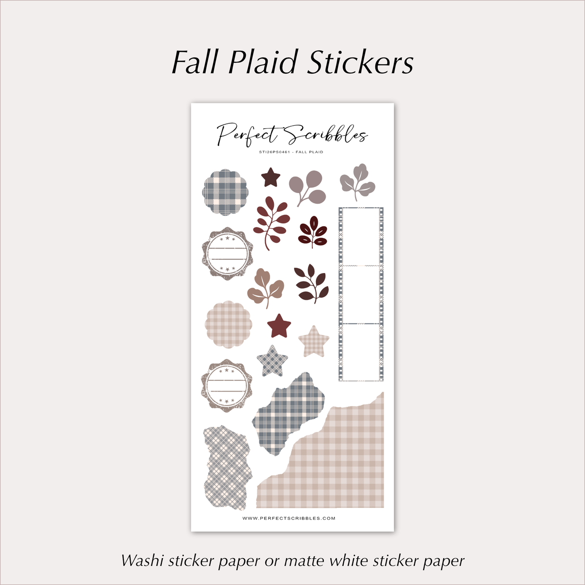 A sticker sheet titled 'Fall Plaid Stickers' featuring various autumn-themed designs, including plaid patterns, leaves, and labels in muted tones of grey, cream, and burgundy.