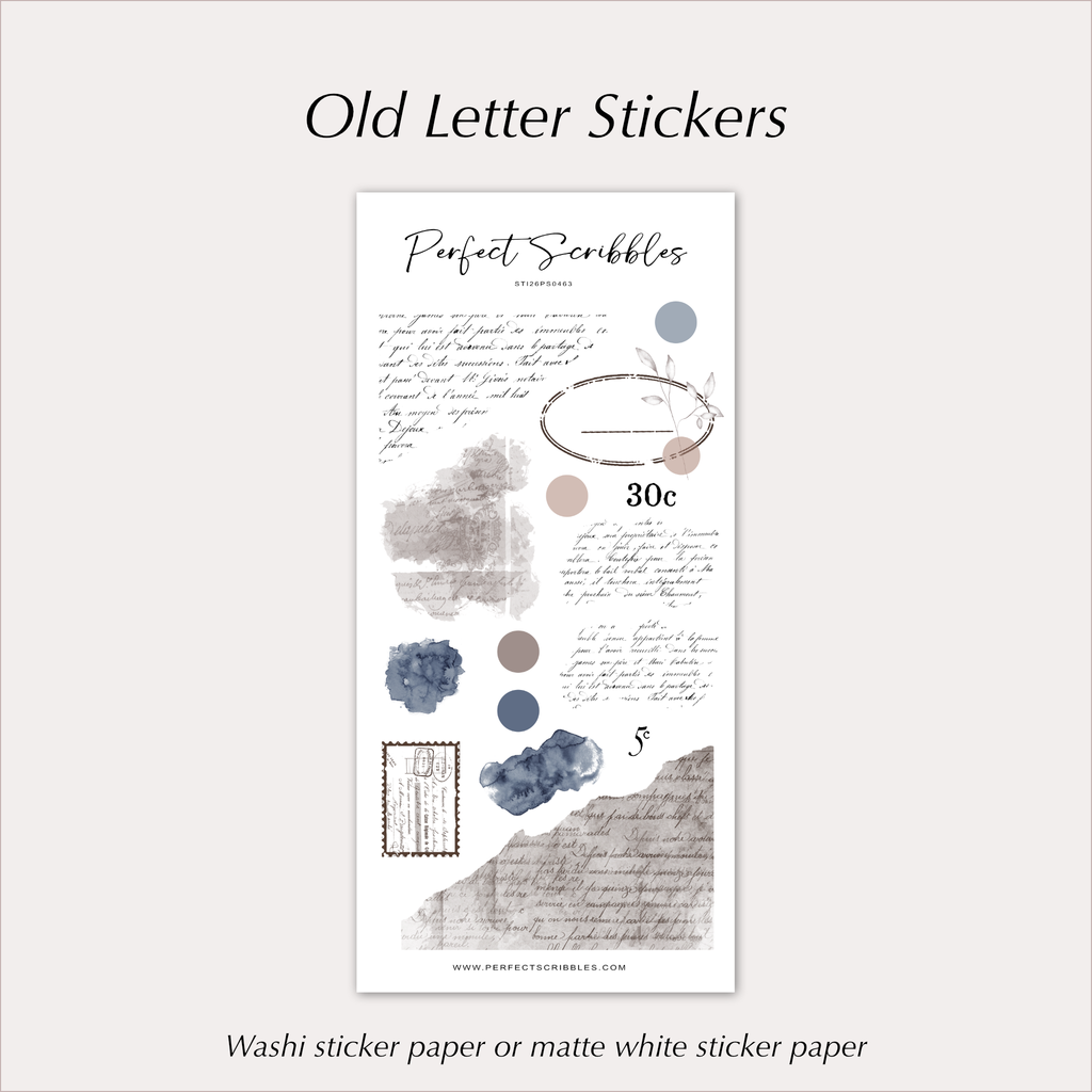 Vintage Ephemera Stickers – Old Letters & Blue Watercolour