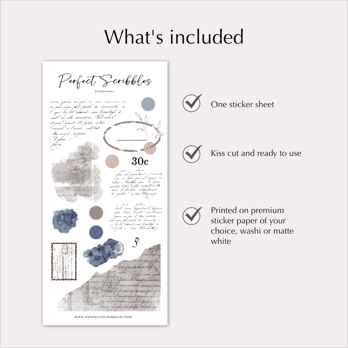 Vintage Ephemera Stickers – Old Letters & Blue Watercolour