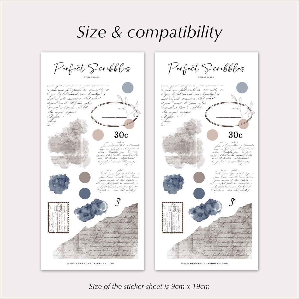 Vintage Ephemera Stickers – Old Letters & Blue Watercolour