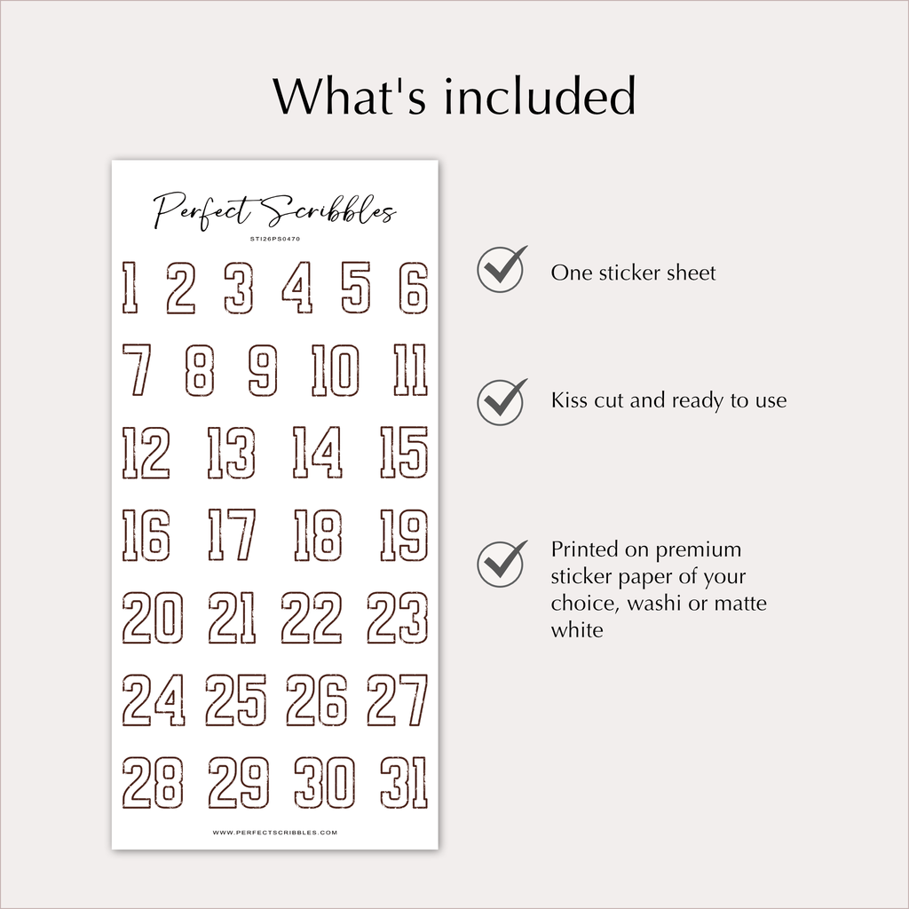 DATE Stickers – Vintage Outline Planner Numbers 1–31