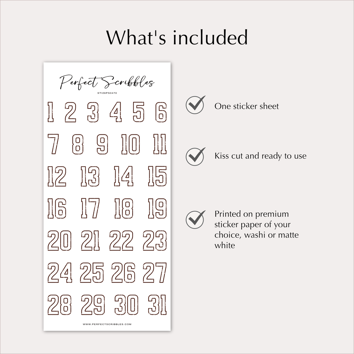 DATE Stickers – Vintage Outline Planner Numbers 1–31