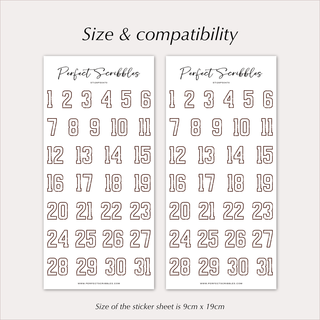DATE Stickers – Vintage Outline Planner Numbers 1–31