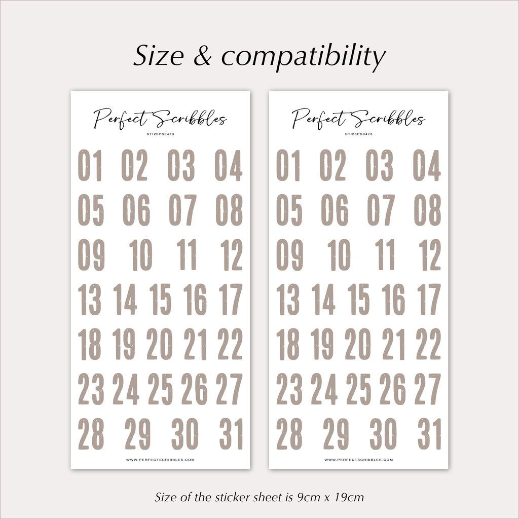 DATE Stickers – Neutral Distressed Planner Numbers 01–31